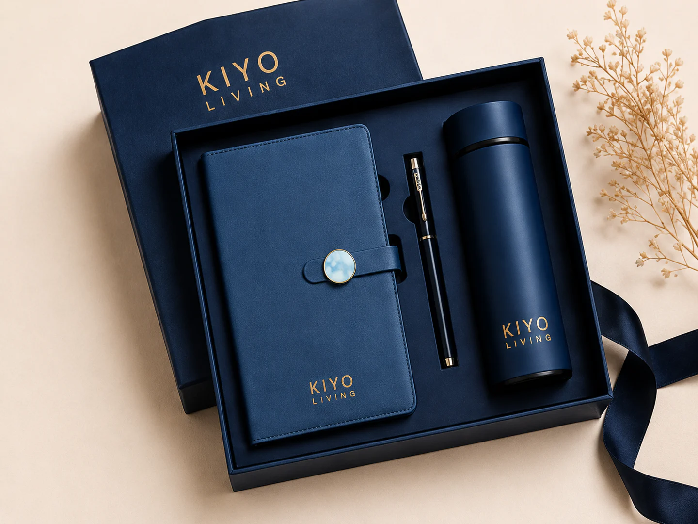 Premium navy gift box with A5 notebook, pen and thermos bottle