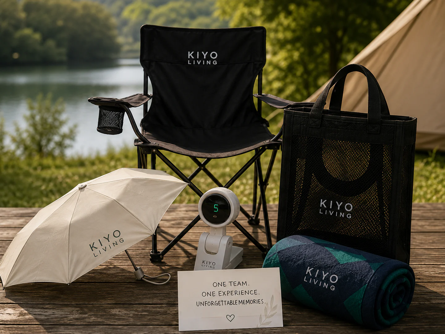 Corporate outdoor kit with camping chair, tote, umbrella, portable fan and blanket