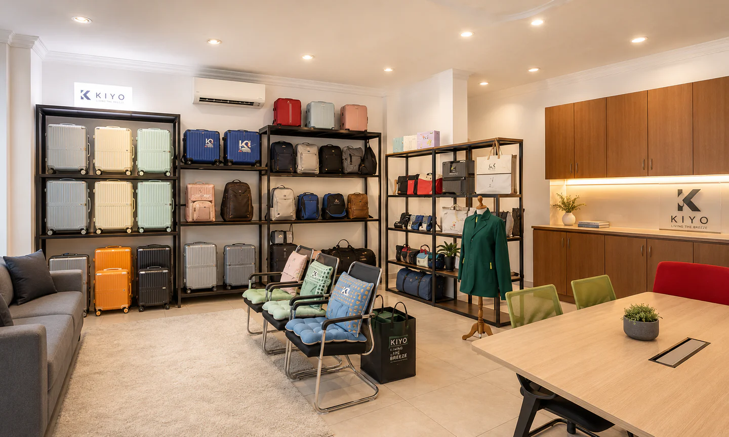 KIYO's luggage showroom with product displays
